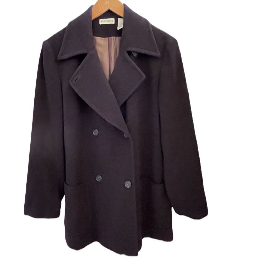 Ann Taylor ~ Navy double Breasted Coat Wool Cashmere ~ size 2 ~iridescent lining